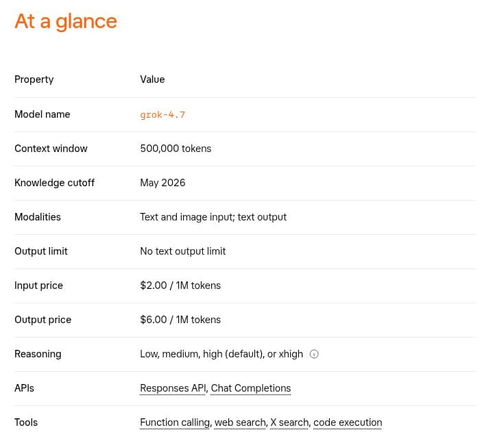 Official Grok 4.7 API table listing a 500,000-token context window, text and image input, text output and four reasoning levels