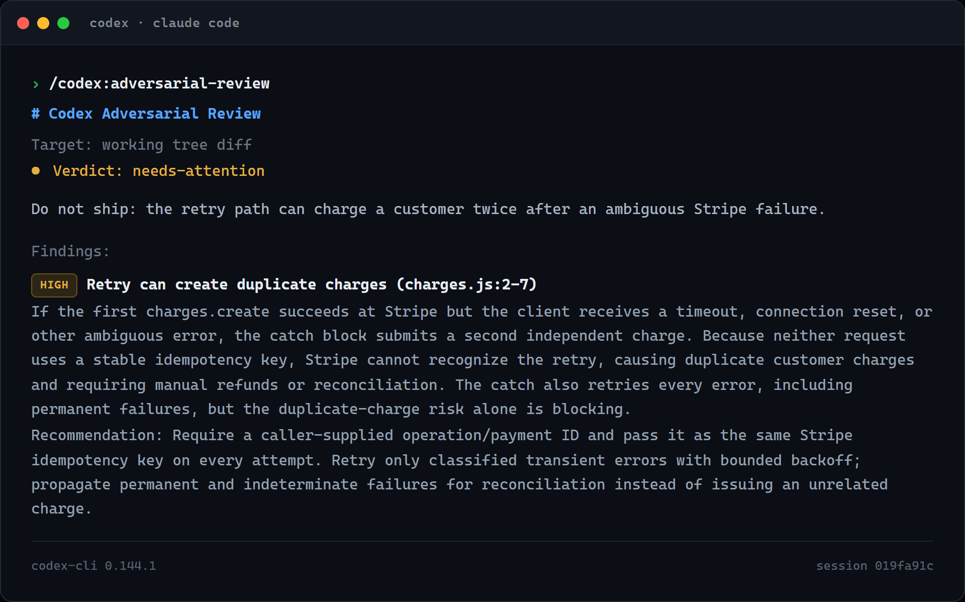 A real /codex:adversarial-review run returning a needs-attention verdict on a Stripe charge function that can double charge on retry