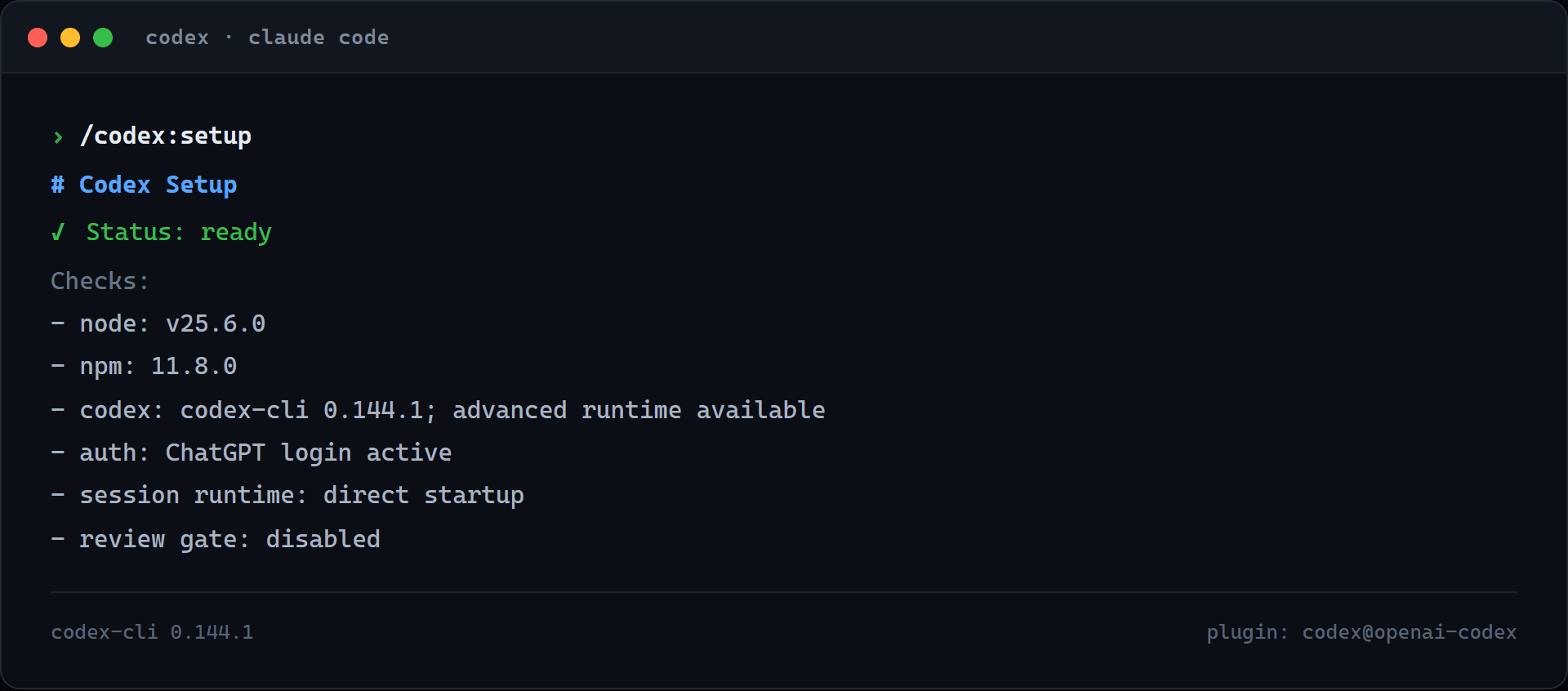 Real output of the codex setup command showing node, npm, Codex CLI, and the ChatGPT login all ready