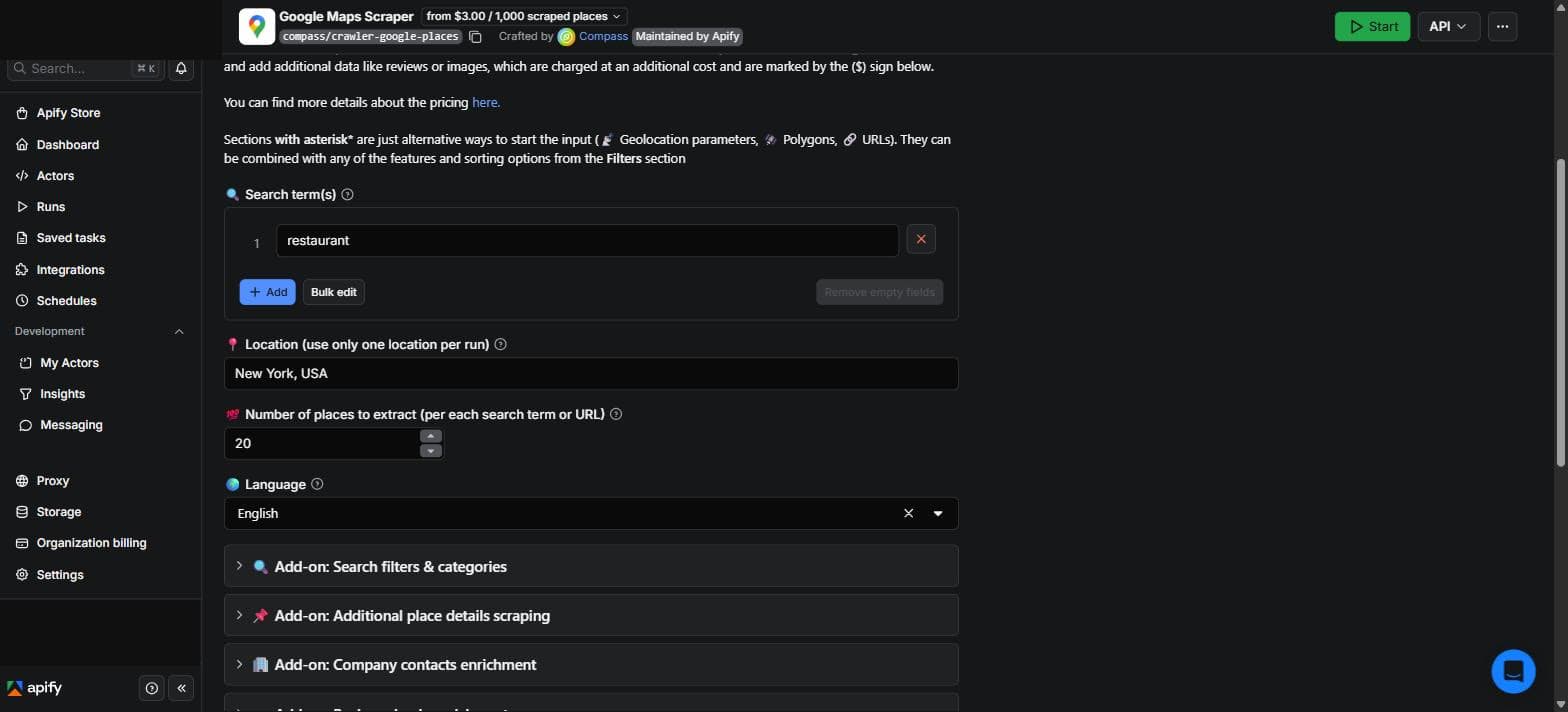 The scraper input: a search term, a location, and how many places to pull. This run was restaurants in New York.