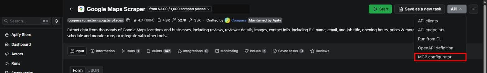 The API button sits at the top right. Open it and choose MCP configurator.