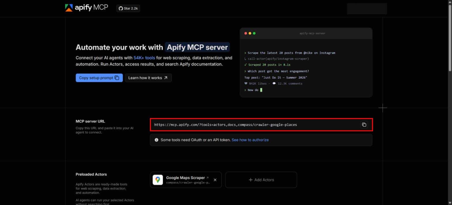 The scraper's MCP server URL, with the Google Maps Scraper preloaded.