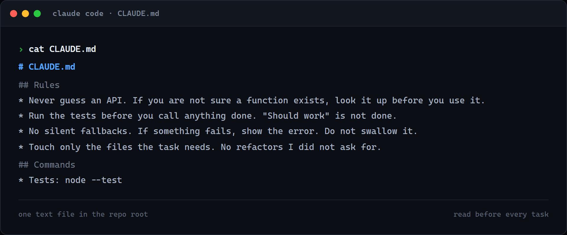 A real CLAUDE.md rules file that Claude Code reads before every task, with rules, commands, and project notes