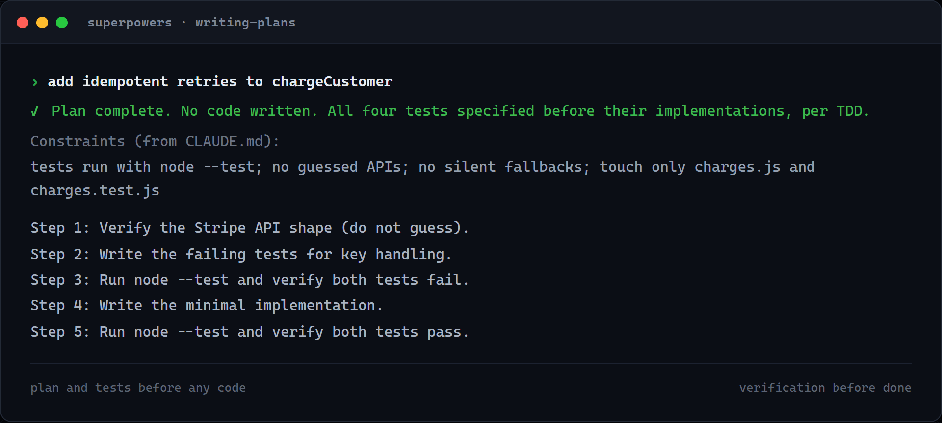 A real Superpowers plan, numbered steps with the tests defined before the code and the constraints pulled from CLAUDE.md