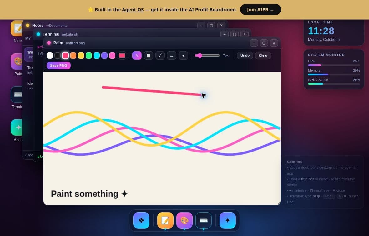 NebulaOS browser desktop with an open Paint window and the pink stroke drawn during our browser check