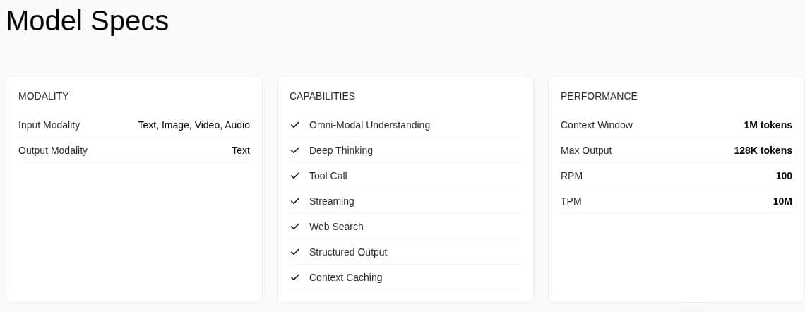 Xiaomi's MiMo V2.6 Pro page listing supported input modalities, text output, one-million-token context and API limits