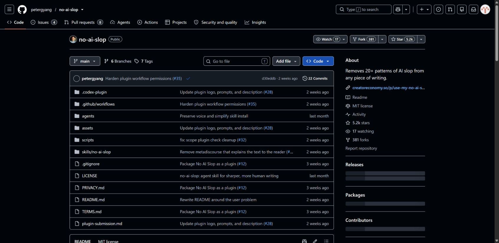 Real GitHub screenshot of petergyang/no-ai-slop