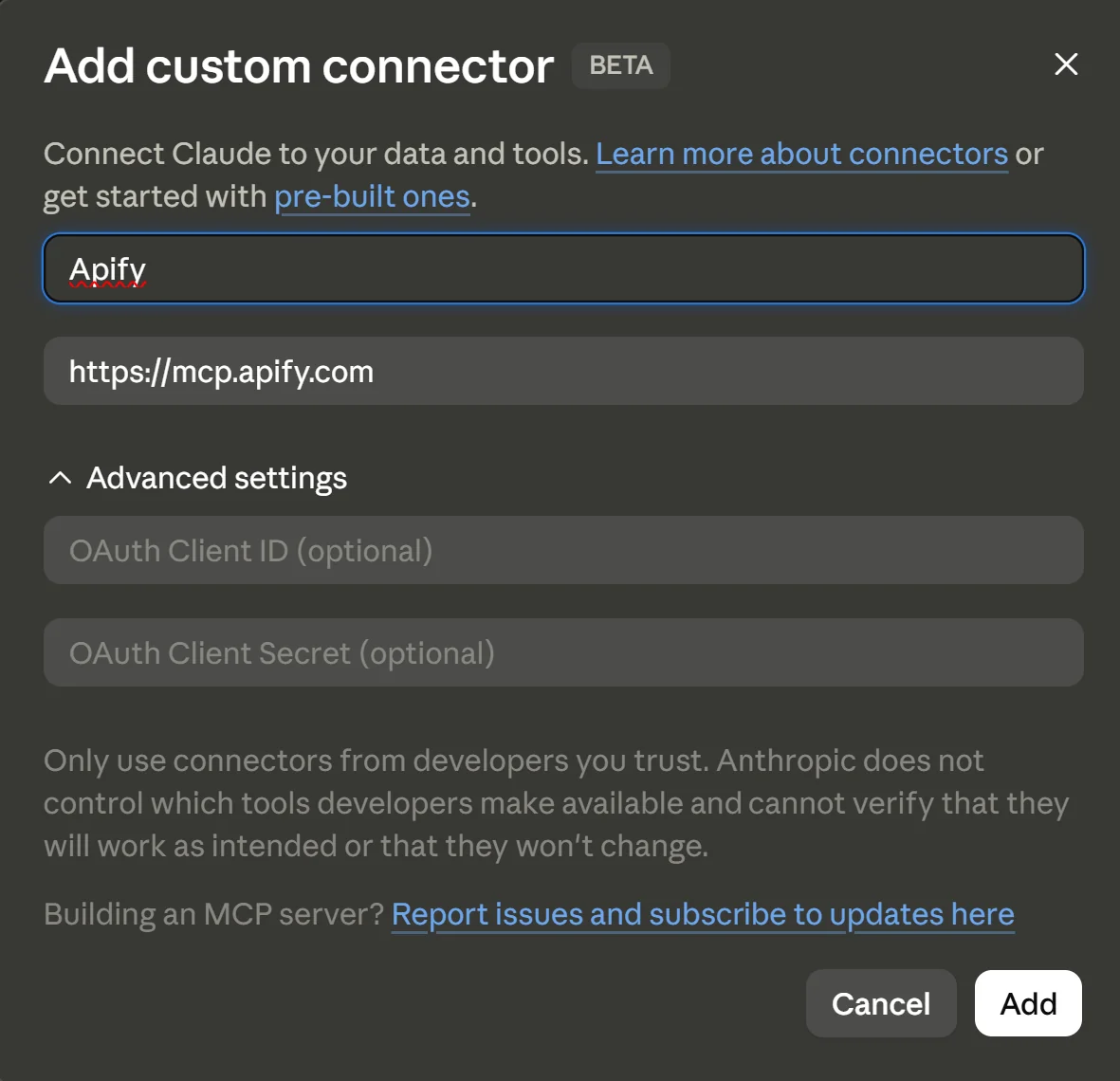 The Add custom connector dialog: Name Apify, URL https://mcp.apify.com.
