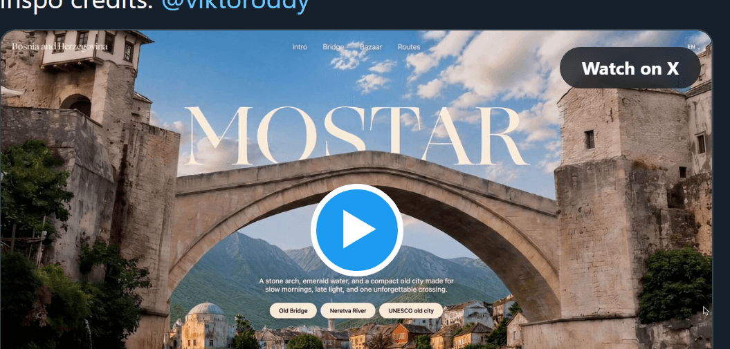 A polished tourism landing page for Mostar with a photo of the Old Bridge, designed with GPT-5.5 and 5.6 through Codex