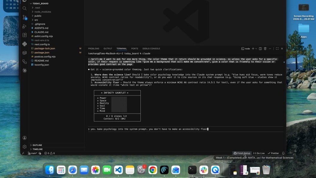 Surfy running in a VS Code terminal with an Infinity Gauntlet clarification progress bar
