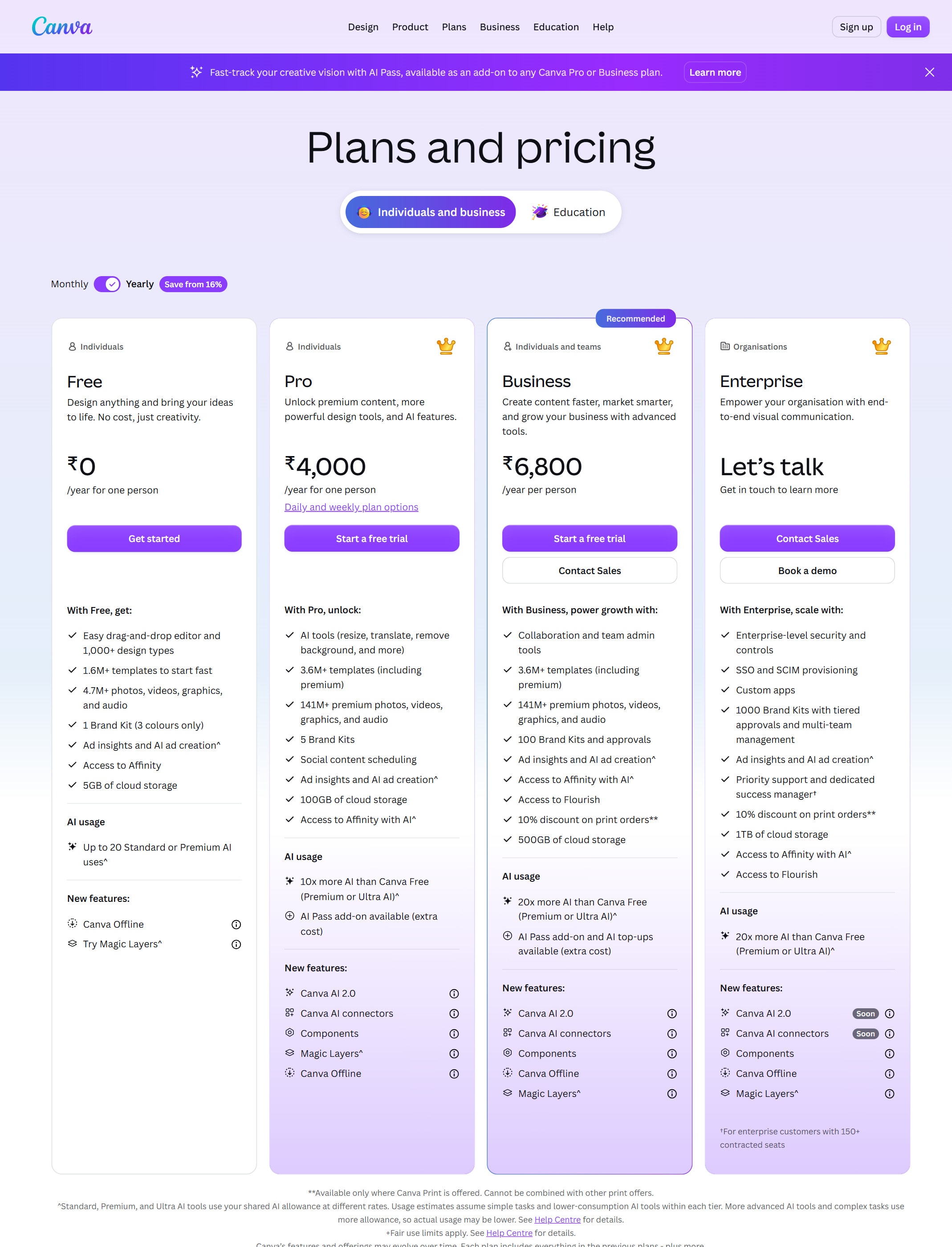 Canva pricing page screenshot captured from the official pricing page