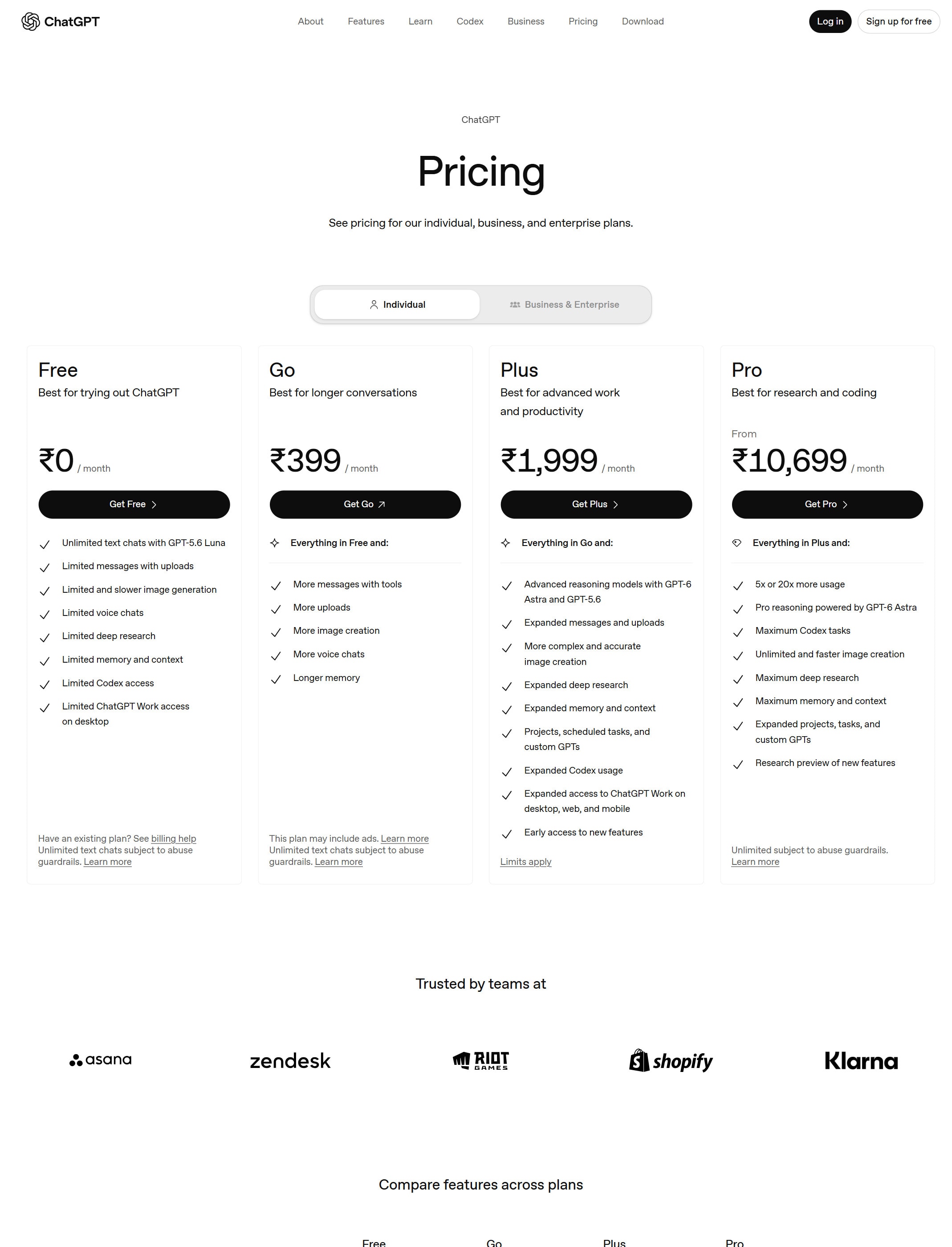 ChatGPT pricing page screenshot captured from the official pricing page