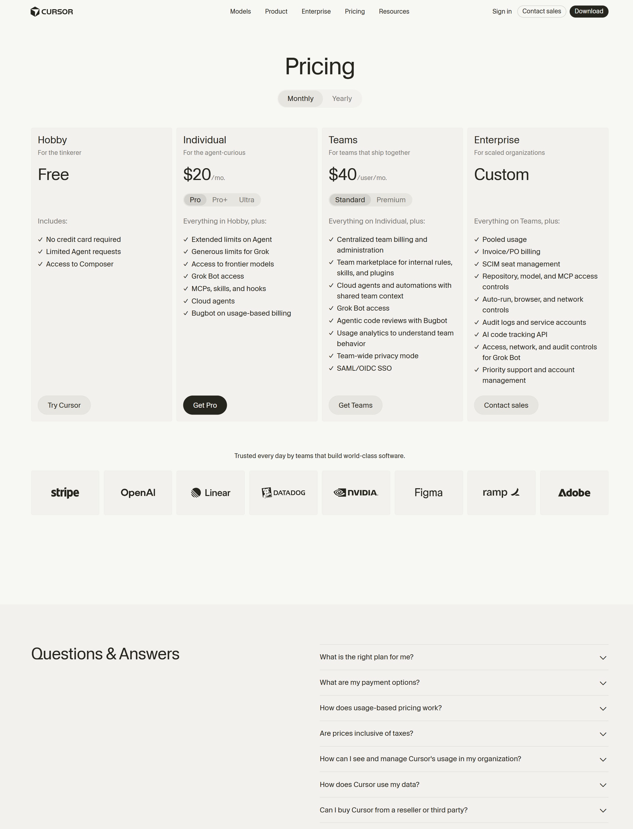 Cursor pricing page screenshot captured from the official pricing page