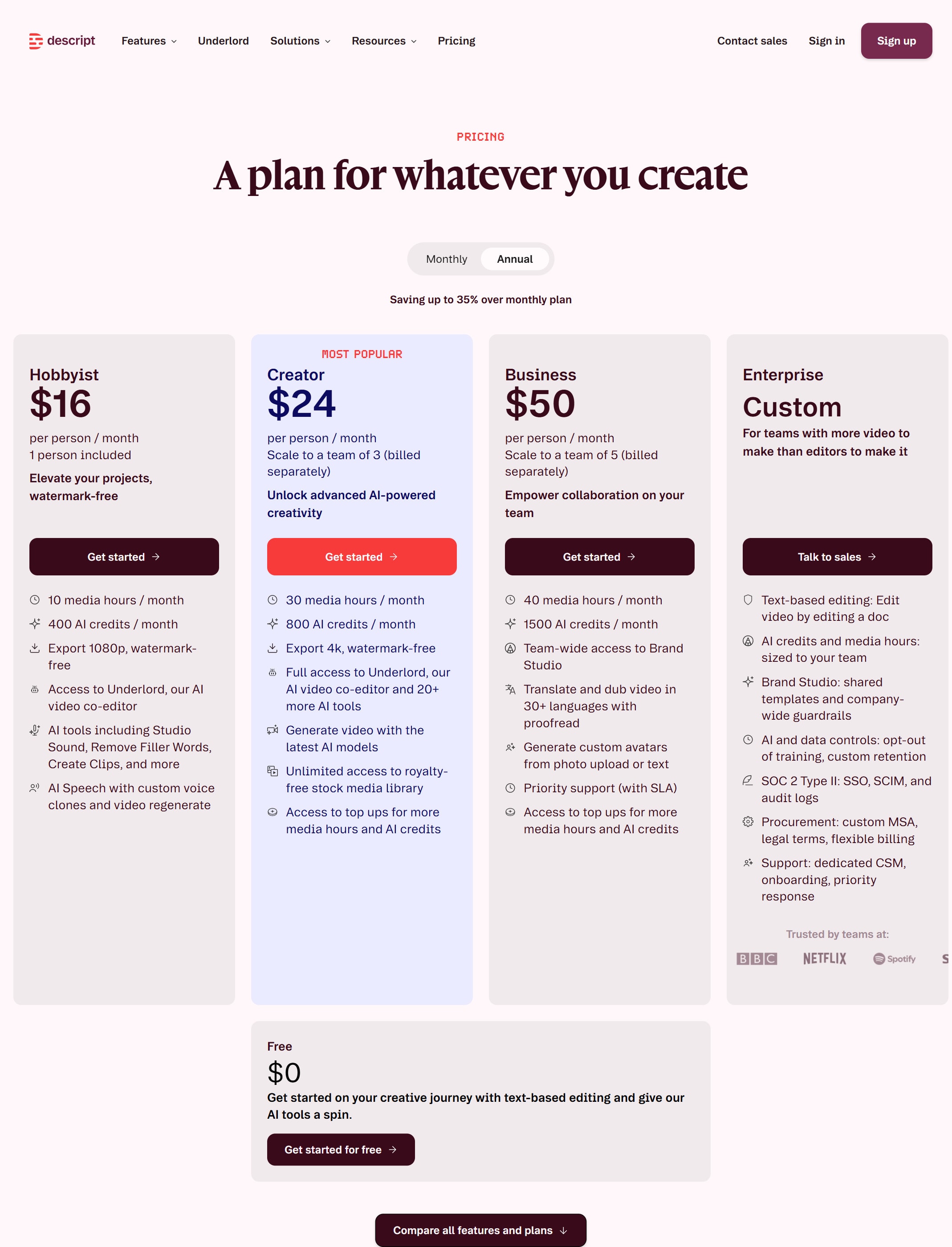 Descript pricing page screenshot captured from the official pricing page