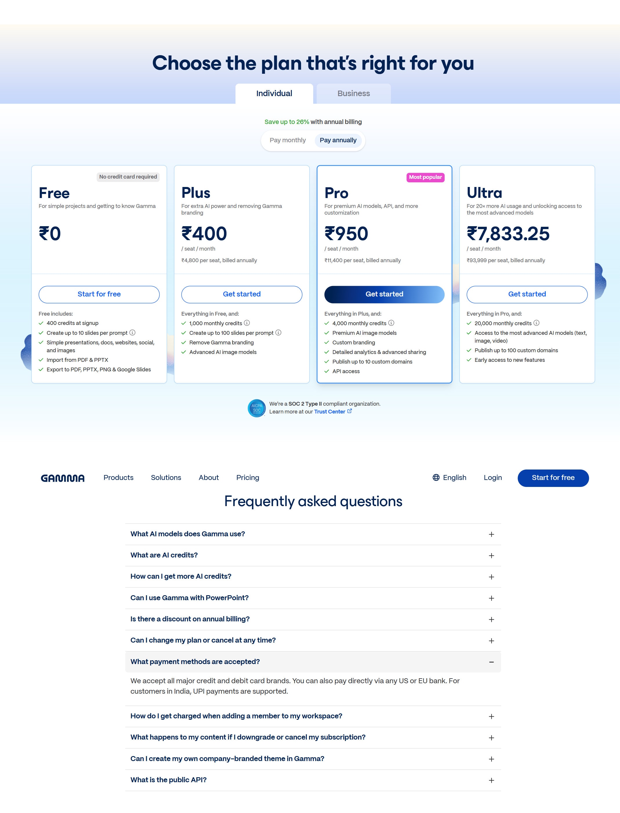 Gamma pricing page screenshot captured from the official pricing page