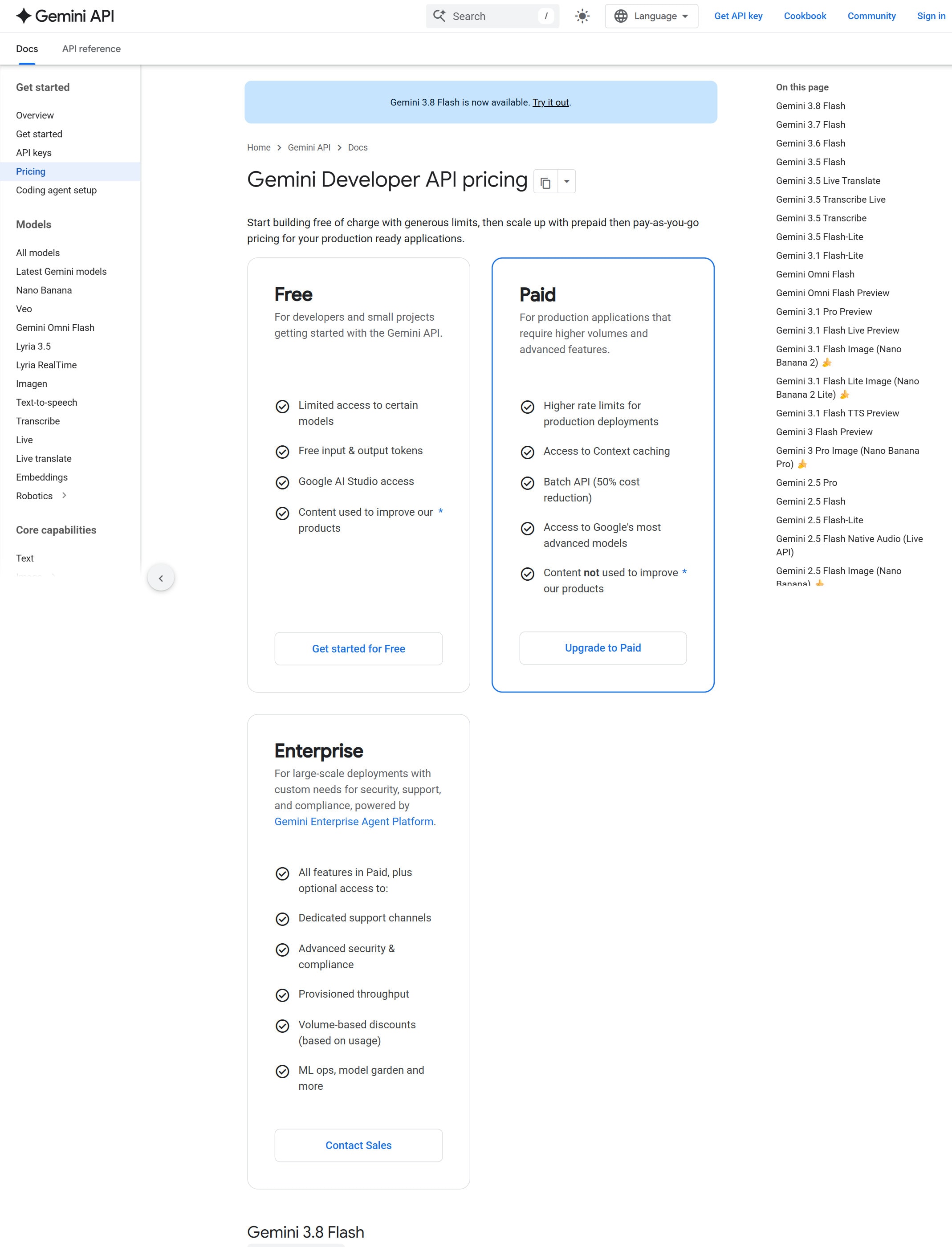 Gemini pricing page screenshot captured from the official pricing page