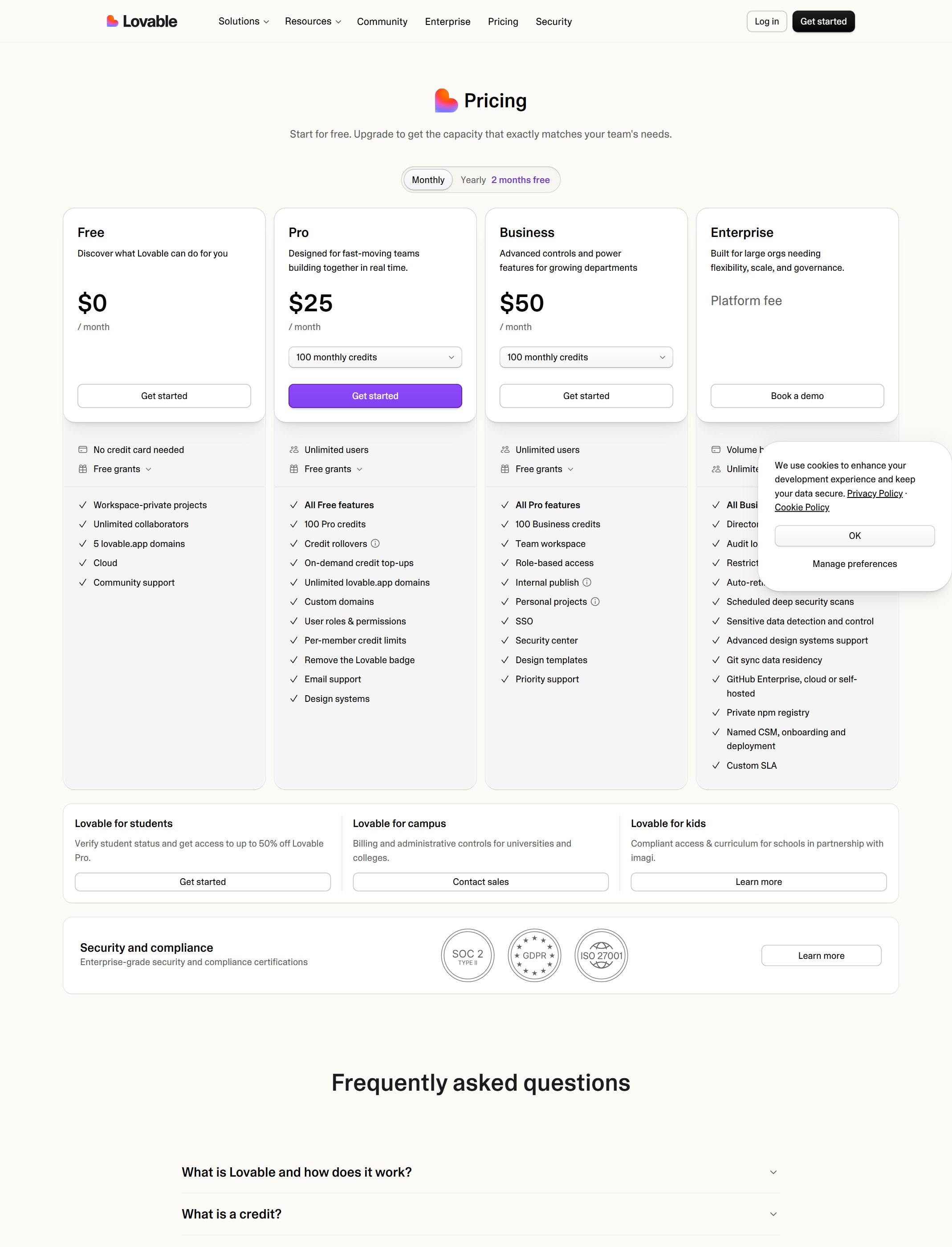 Lovable pricing page screenshot captured from the official pricing page