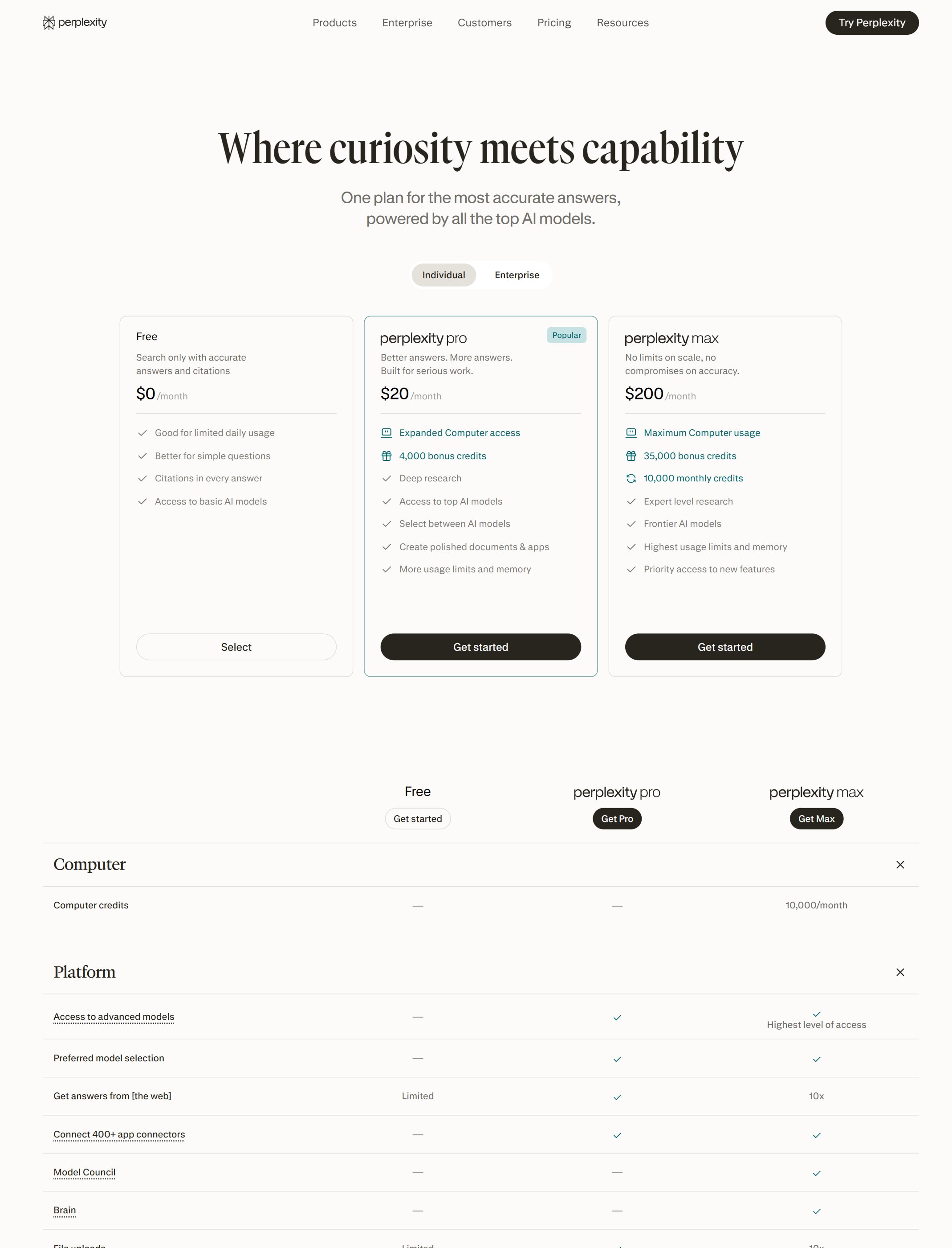 Perplexity pricing page screenshot captured from the official pricing page