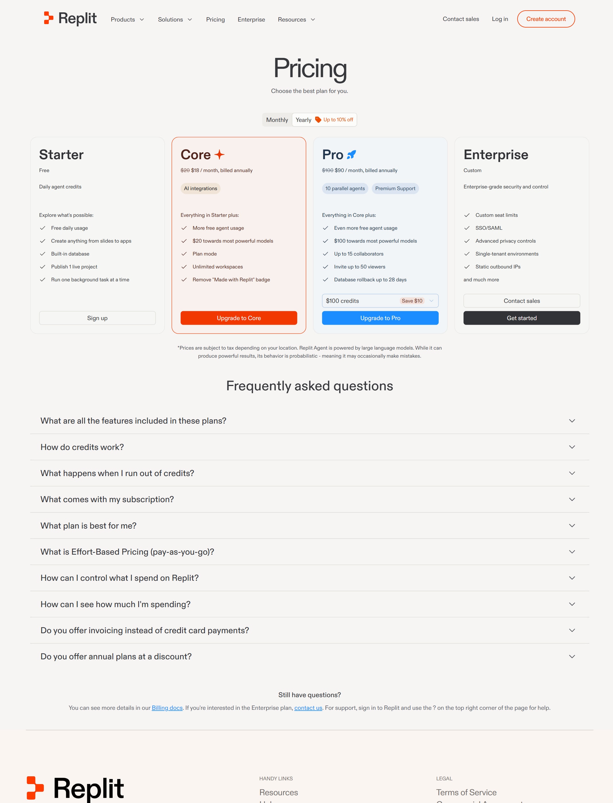 Replit pricing page screenshot captured from the official pricing page