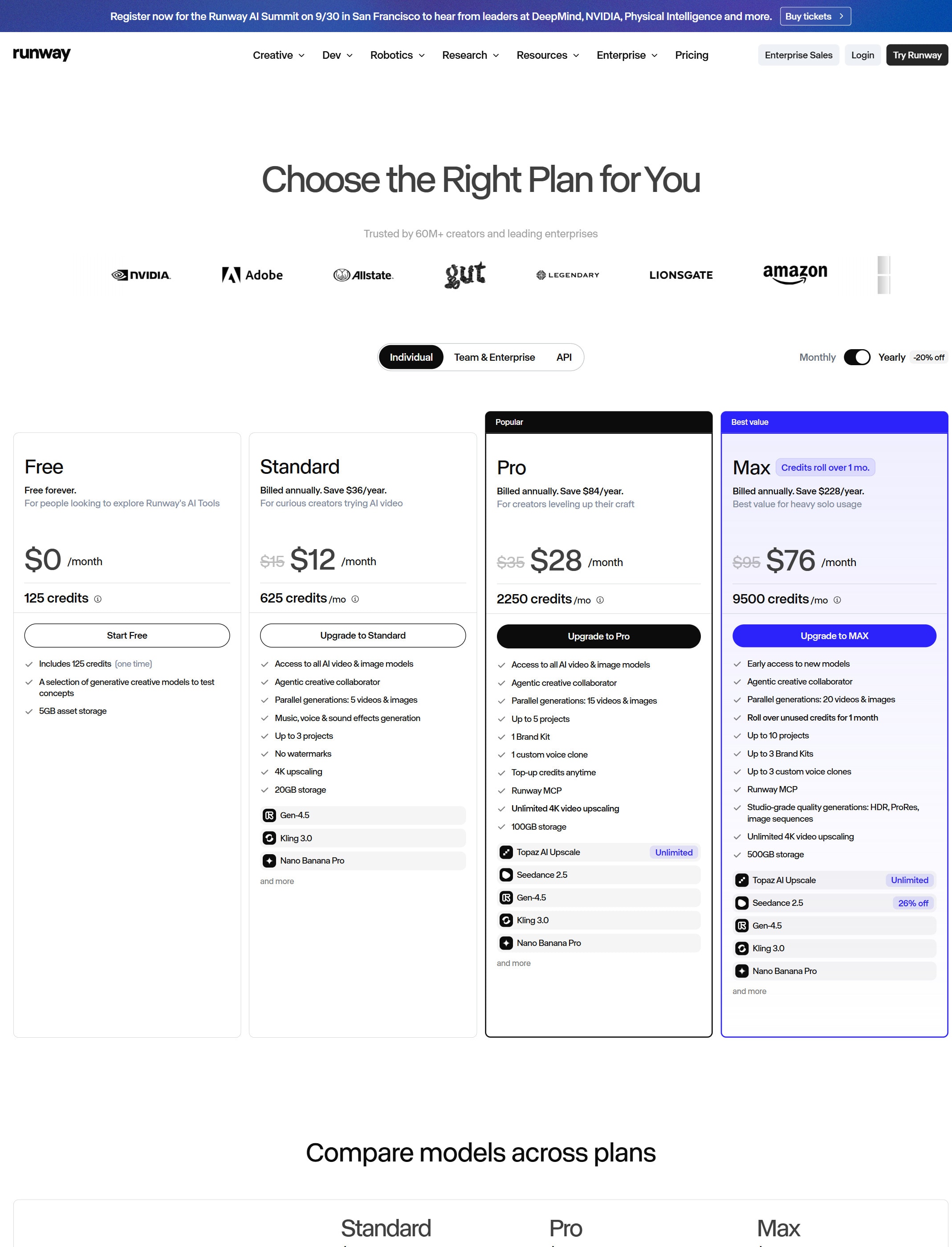 Runway pricing page screenshot captured from the official pricing page