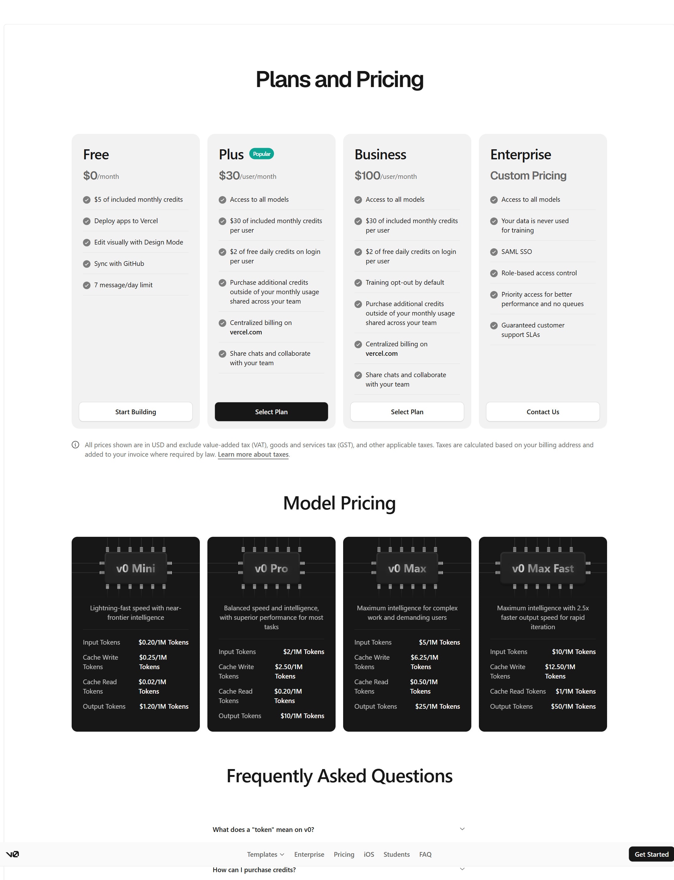 v0 pricing page screenshot captured from the official pricing page