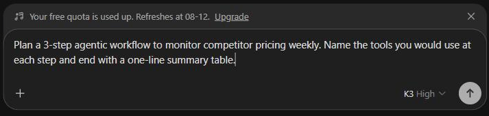 Kimi.com composer with the free quota banner visible and K3 High selected as the model