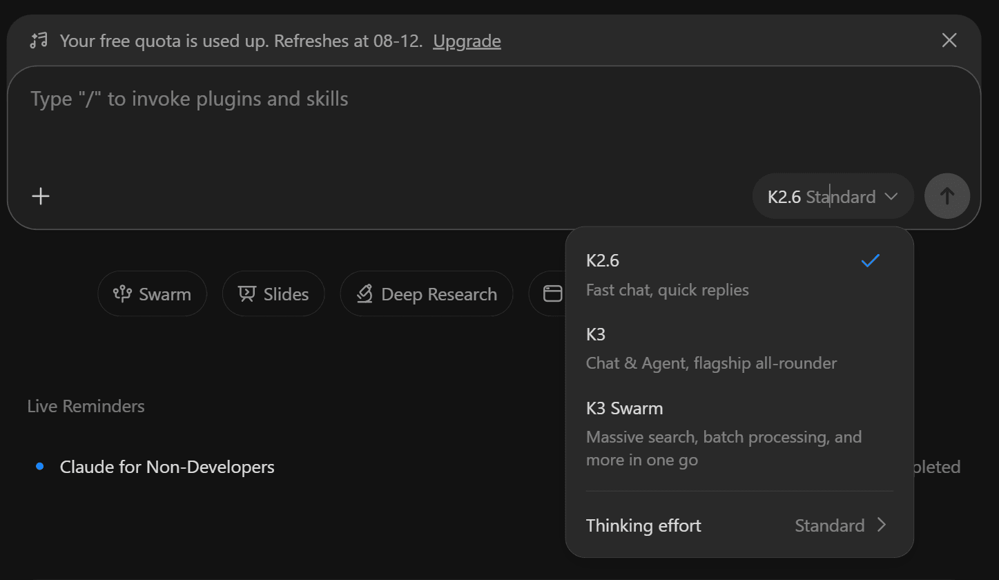 Kimi.com model picker showing K2.6, K3 described as flagship all-rounder, K3 Swarm, and a thinking effort setting