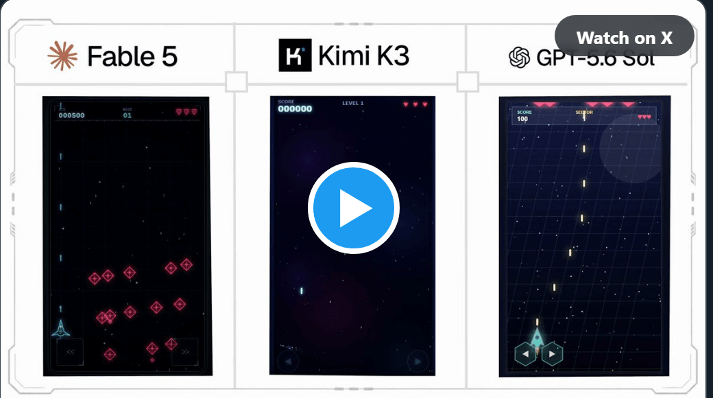 Three space shooter games side by side, built by Fable 5, Kimi K3, and GPT-5.6 Sol from the same design prompt