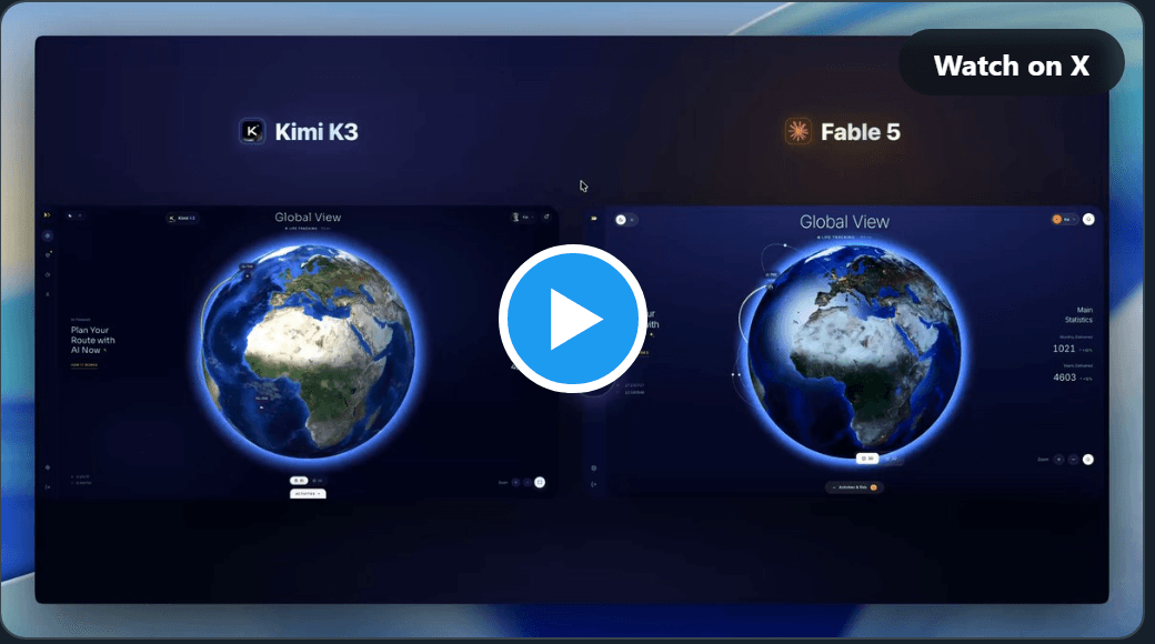 Two 3D globe dashboards side by side, one built by Kimi K3 and one by Claude Fable 5, from the same prompt and reference