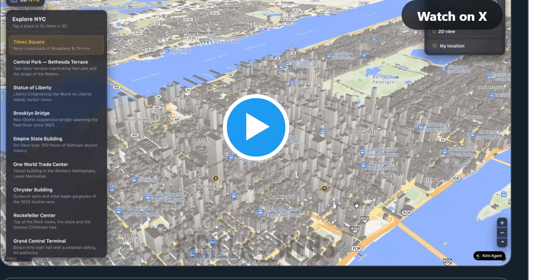 A 3D interactive map of New York City with extruded buildings, built with Kimi K3, showing Manhattan from above