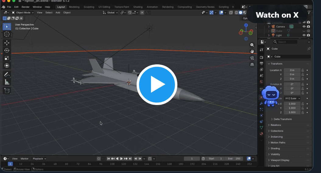 A low-poly fighter jet 3D model open in Blender, generated by Kimi K3 through a Blender MCP tool