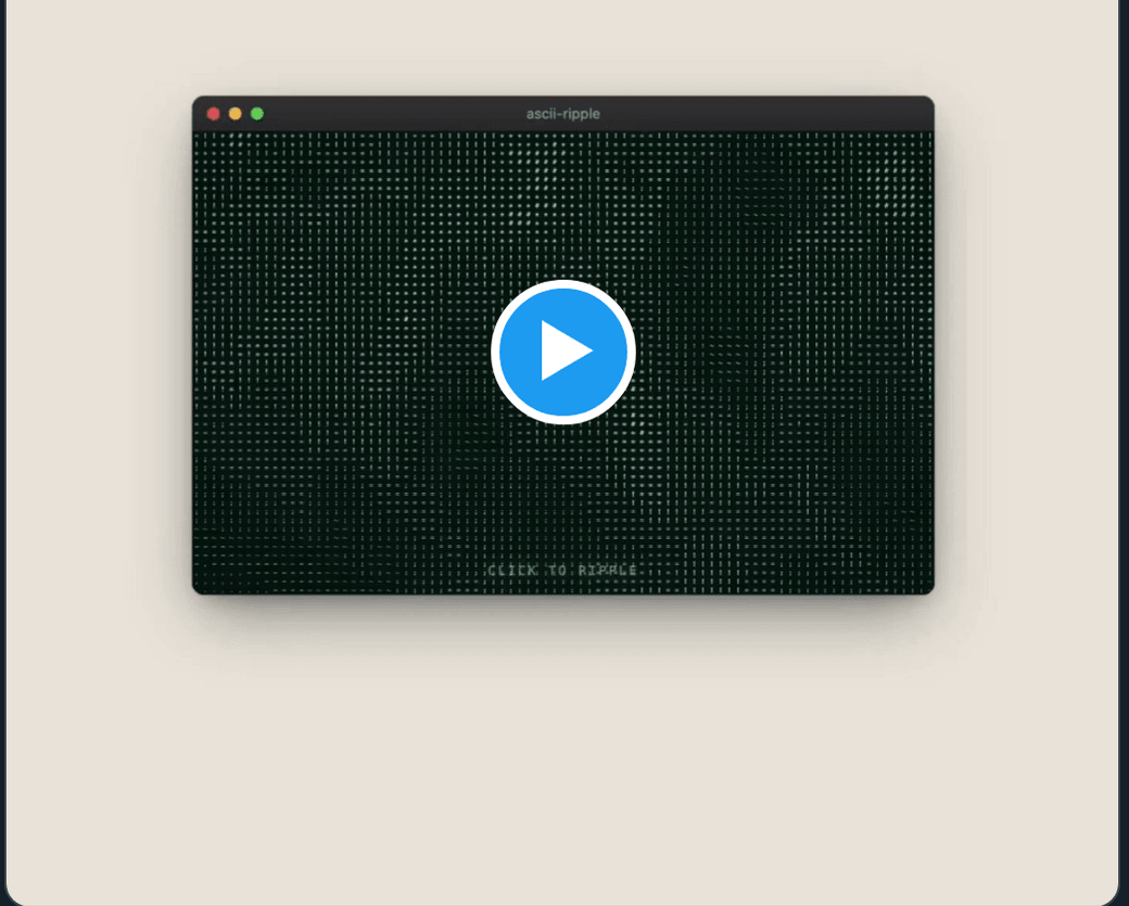 Frame from Kamil Tyborowski's demo showing a terminal window running an interactive ascii ripple animation built with Kimi K3