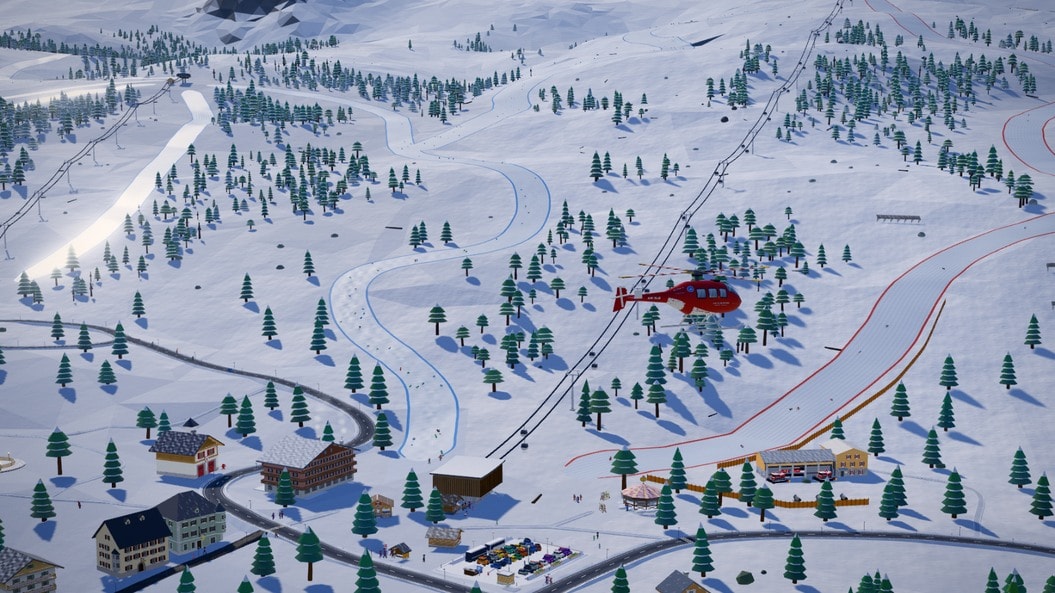 Alpenwelt Tycoon ski resort showing pistes, lifts, roads, buildings and a rescue helicopter