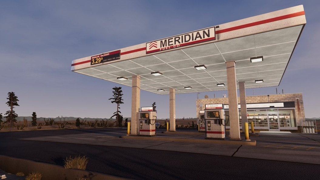 Procedurally generated Meridian gas station at dawn from the Gas Station Highway project