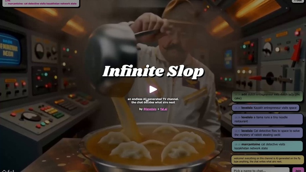 Infinite Slop AI television channel with a generated scene and viewer prompts in the chat