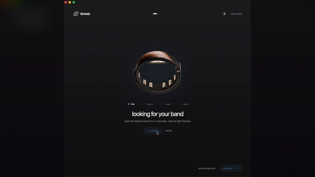Kinesis setup screen searching for a Meta Neural Band on macOS