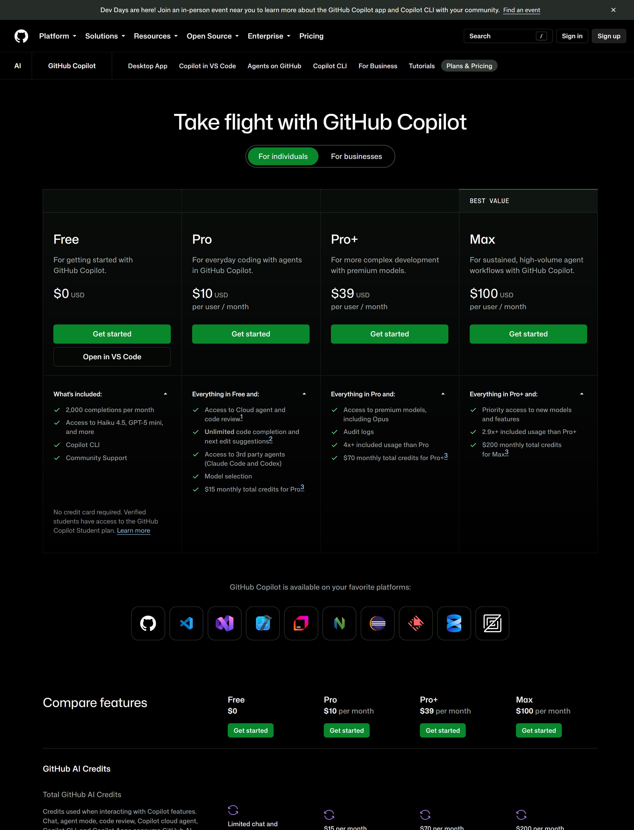 GitHub Copilot pricing page screenshot captured from the official pricing page