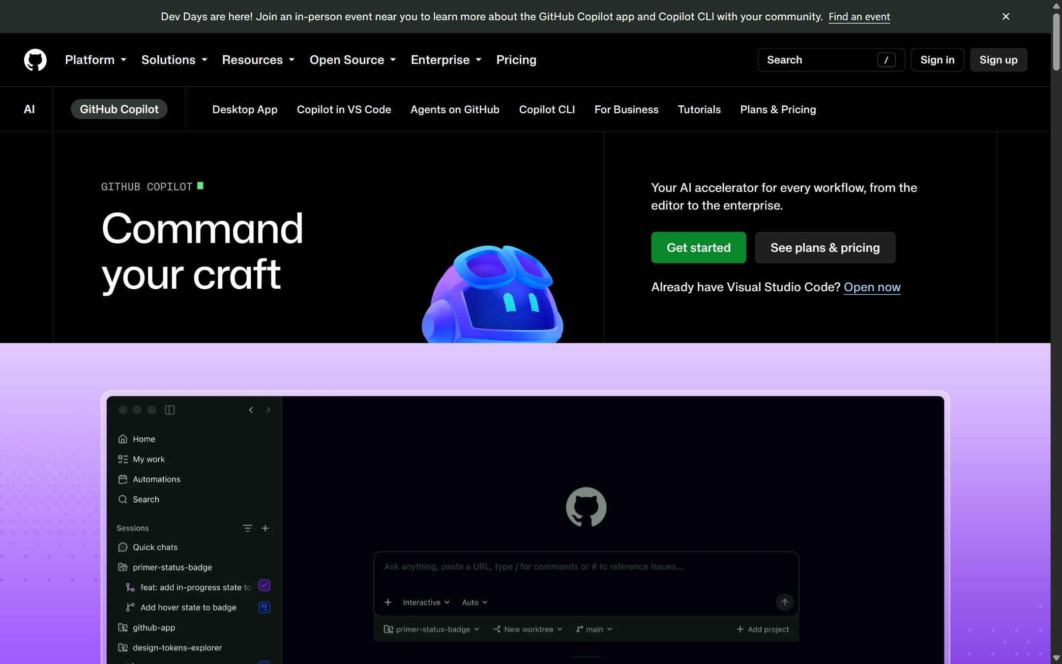 GitHub Copilot product page screenshot captured from the official product page