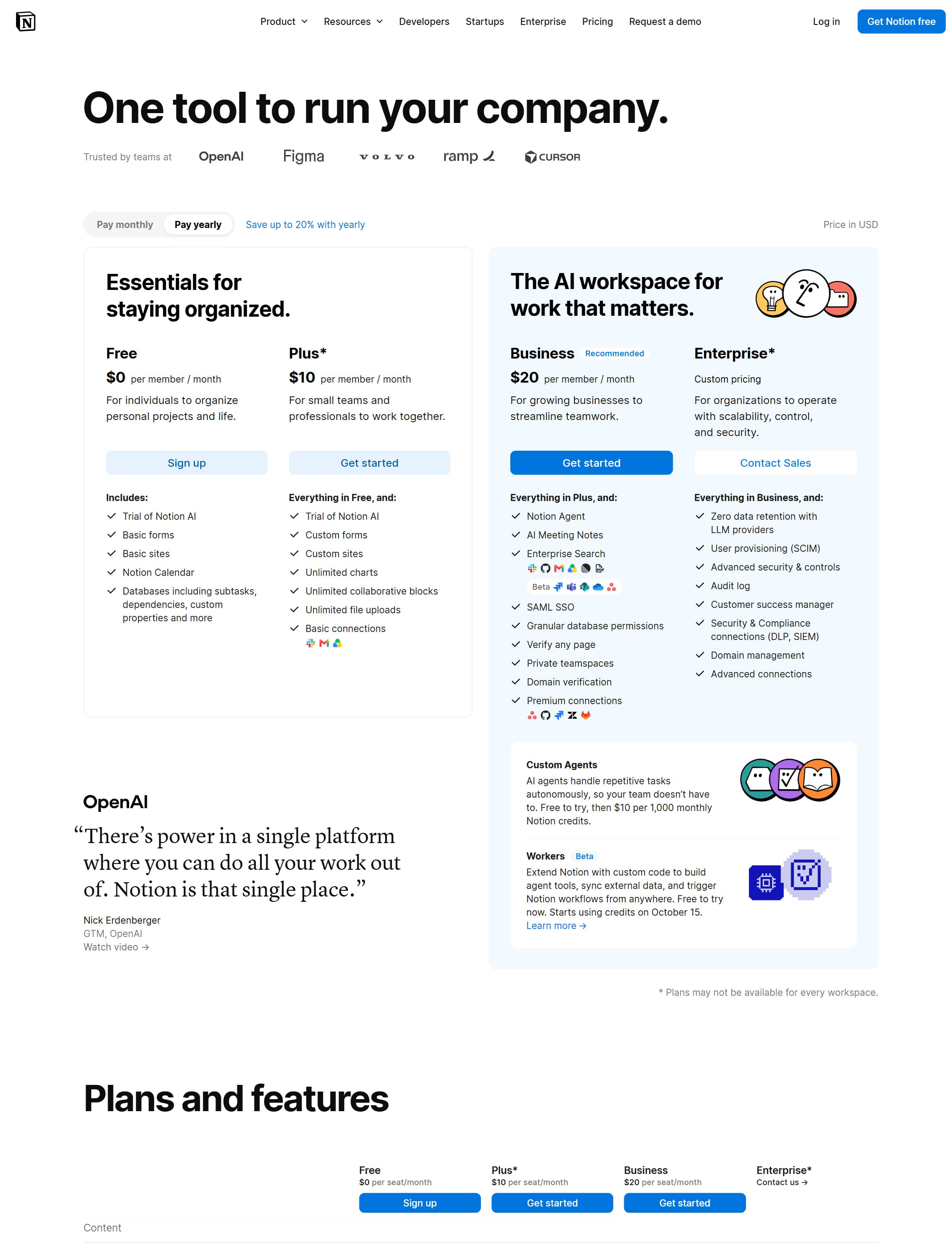 Notion AI pricing page screenshot captured from the official pricing page