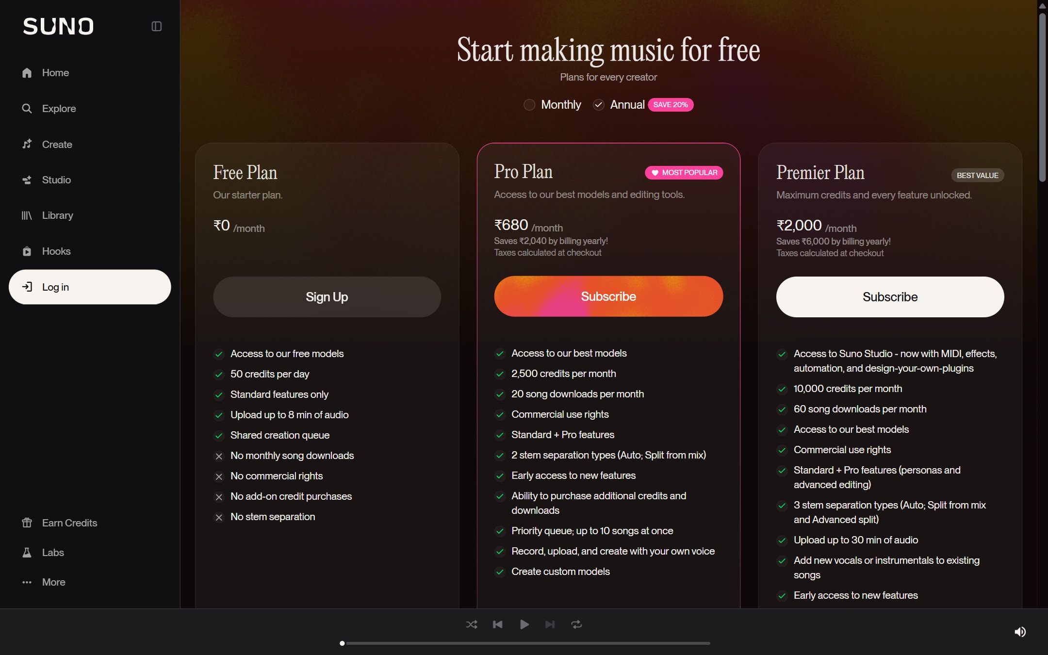 Suno pricing page screenshot captured from the official pricing page