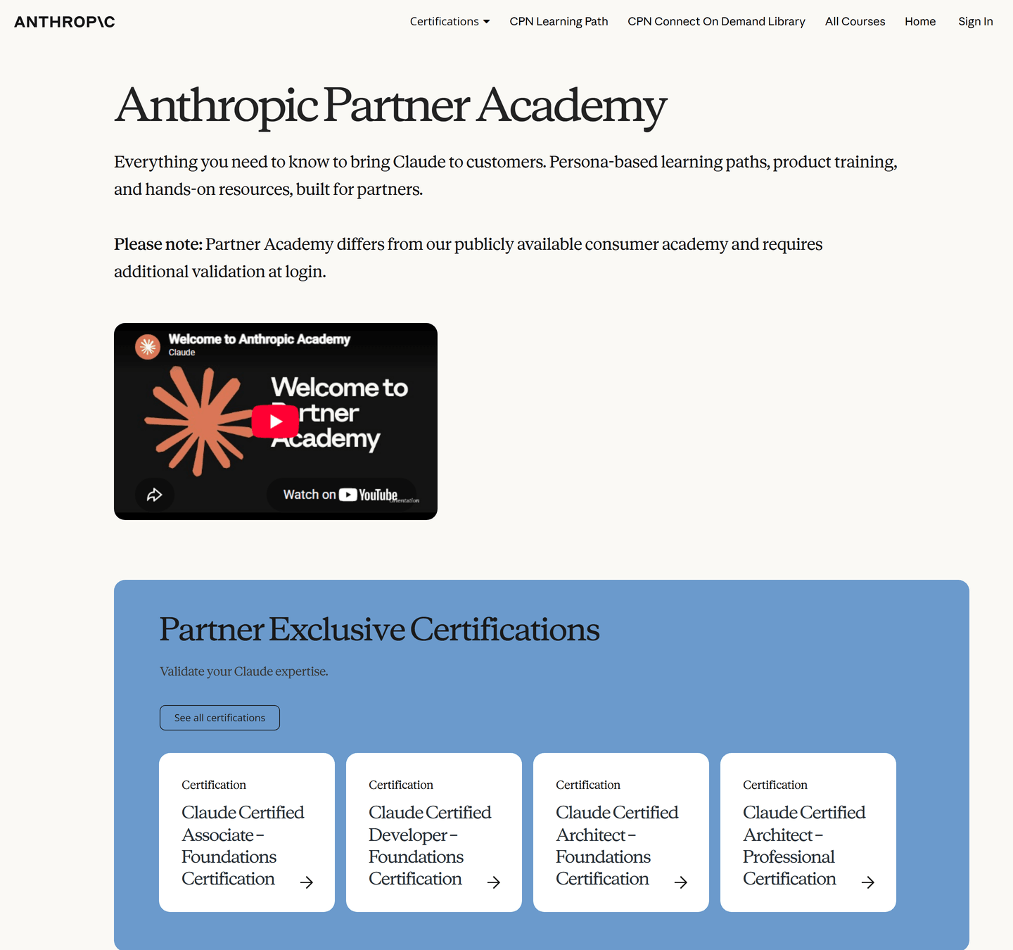 Anthropic Partner Academy landing page stating that Partner Academy differs from the public consumer academy and requires additional validation at login, with the four Partner Exclusive Certifications listed below