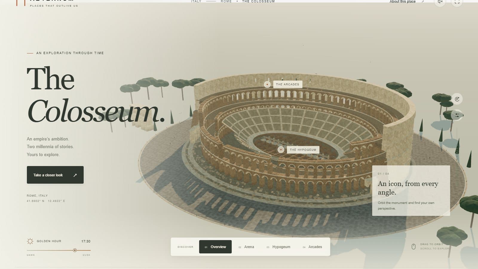Xhigh effort Colosseum among umbrella pines with guided viewpoint labels