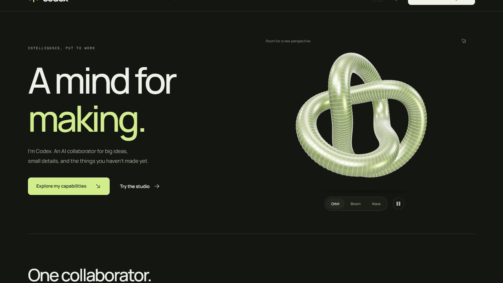 Max effort build: dark Codex page with a lime-green 3D knot sculpture