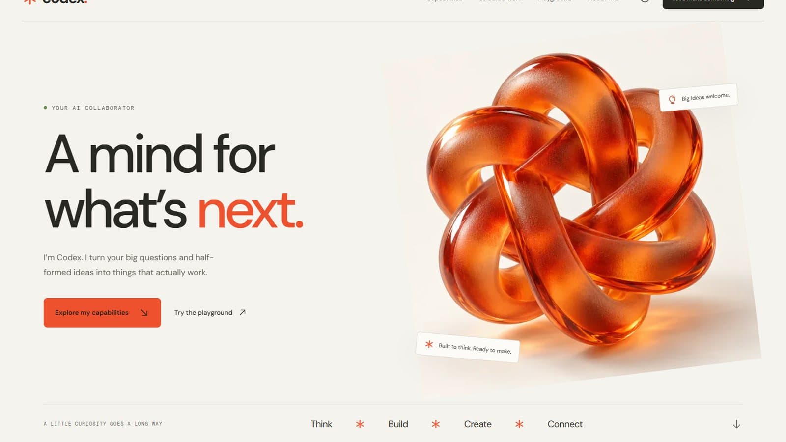 Medium effort build: cream Codex page with an orange glass knot sculpture