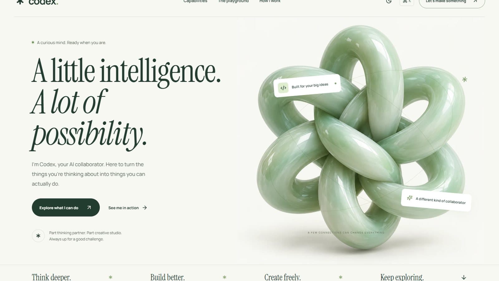 Xhigh effort build: mint and ivory Codex page with a green glass knot