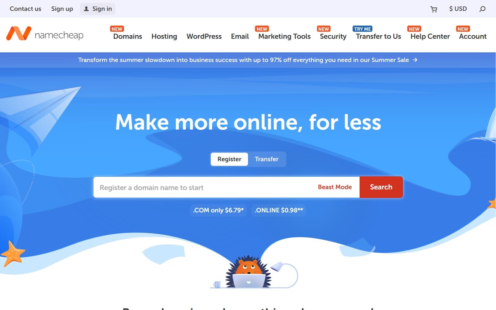 The Namecheap homepage