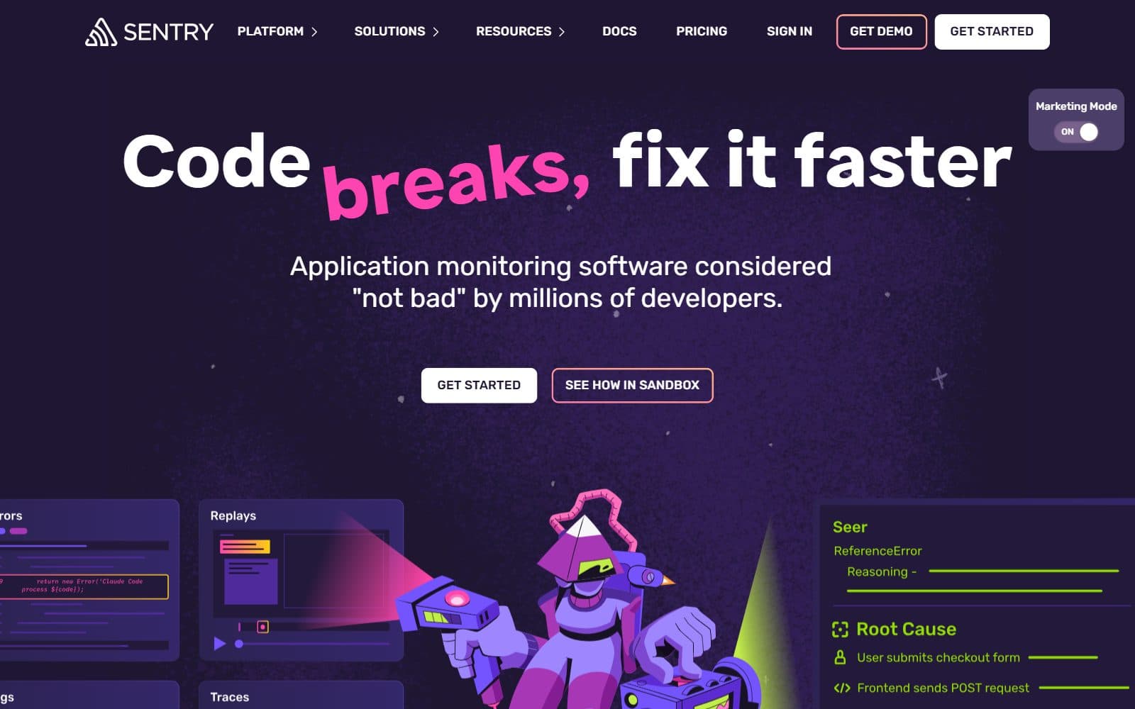 The Sentry homepage