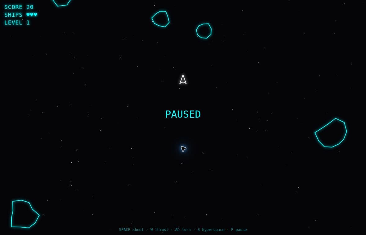 Dustin Davis's published Asteroids prototype paused after the score reached 20 during a brief browser check
