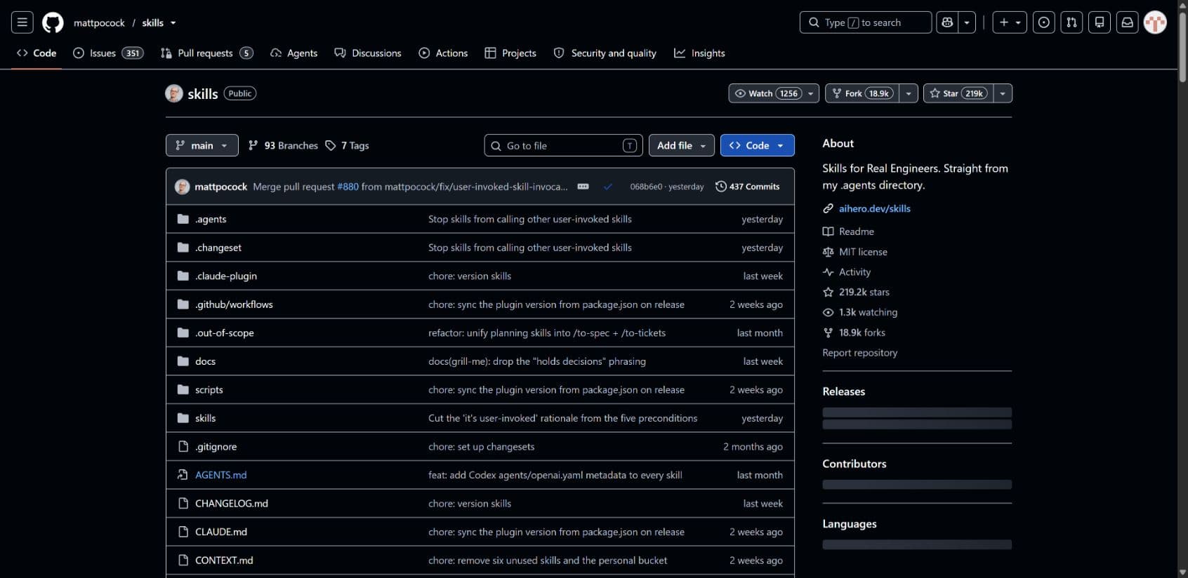 GitHub repository page for mattpocock/skills