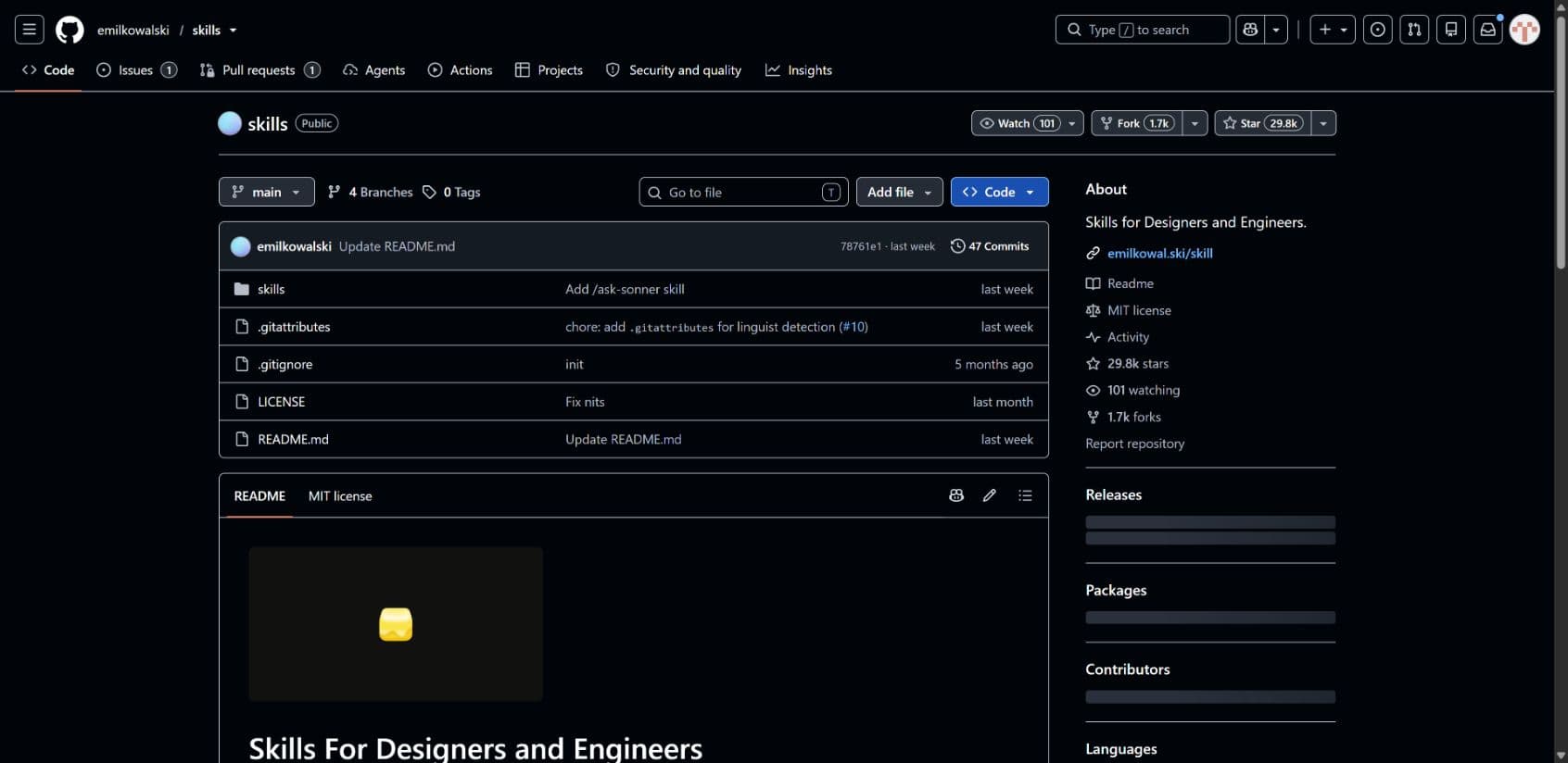 GitHub repository page for emilkowalski/skills